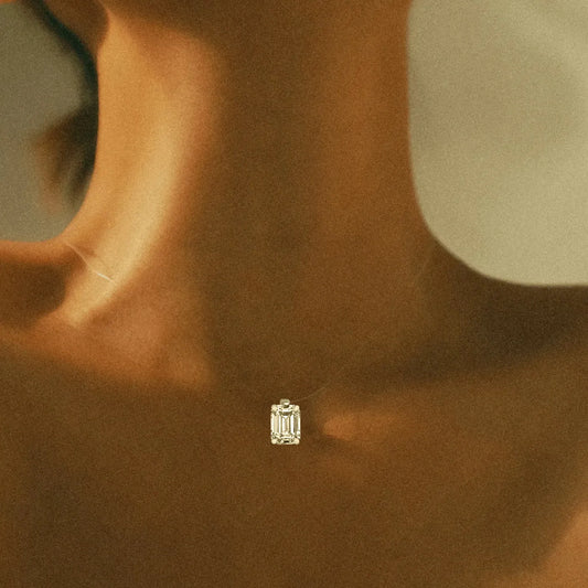 Invisible Chain Emerald Cut Solitaire Diamond Pendant Necklace