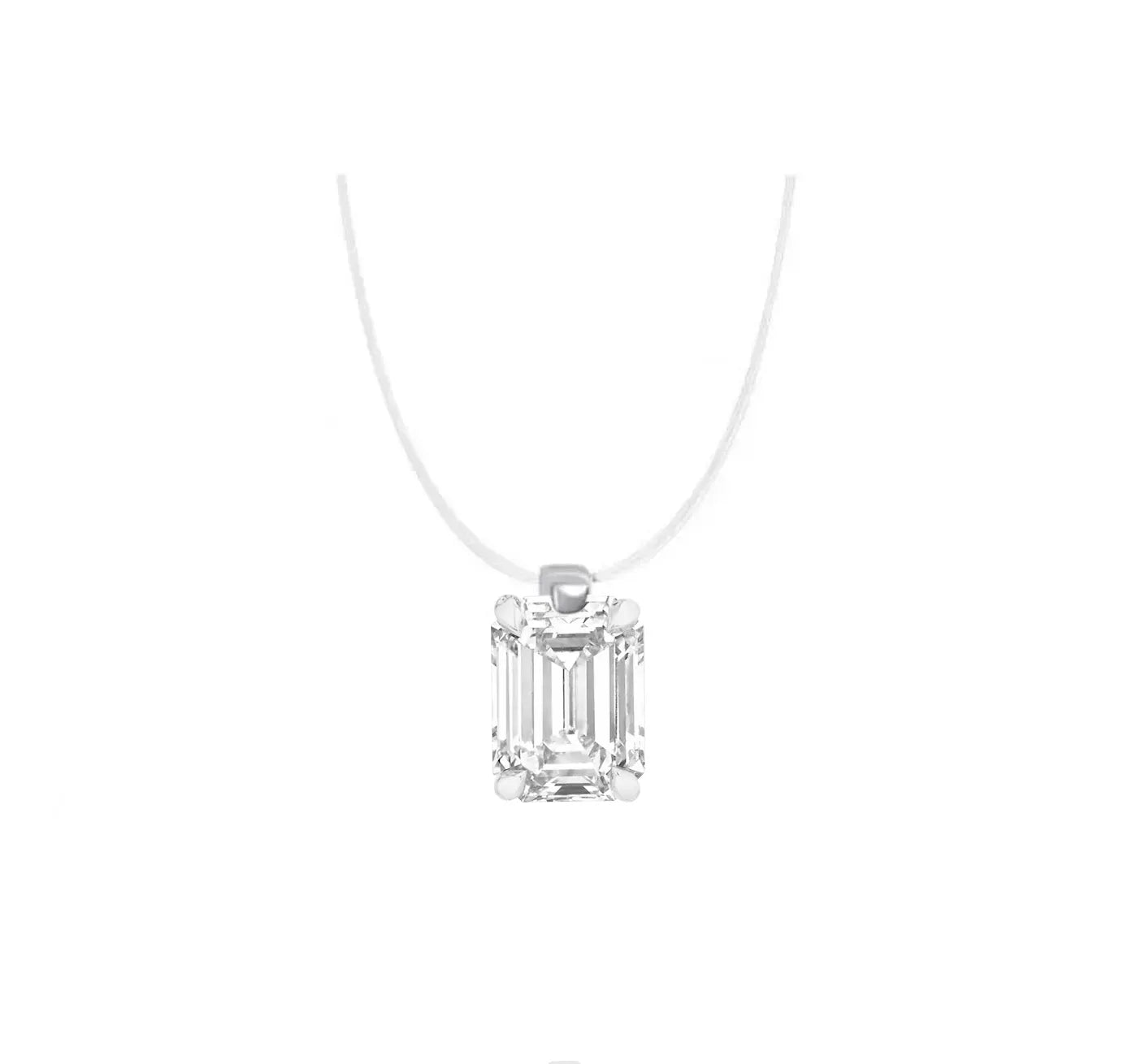 Invisible Chain Emerald Cut Solitaire Diamond Pendant Necklace