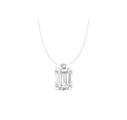 Invisible Chain Emerald Cut Solitaire Diamond Pendant Necklace